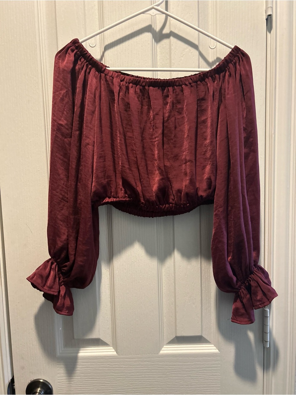 The Impeccable Pig Burgundy Off-Shoulder Cropped Blouse with Balloon Sleeves